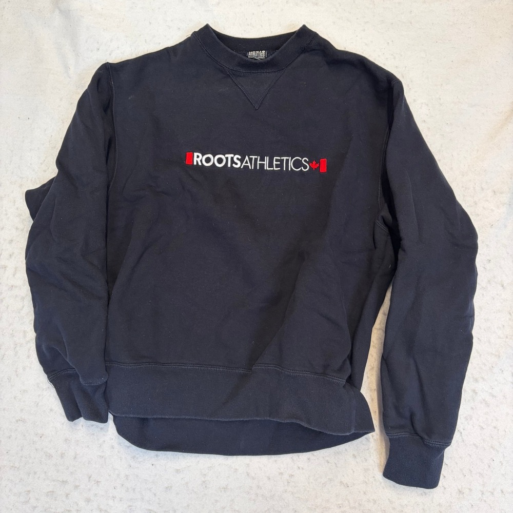 Roots Athletics Sweatshirt Mens XS Black Crewneck Logo Long Sleeve Fleece